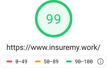 Google PageSpeed screenshot showing a score of 99 out of 100 for performance on a mobile device on our www.insuremy.work sample website